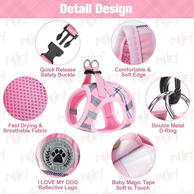 BEAUTYZOO Small Dog Harness and Leash Set,Step in No Choke No Pull Soft Mesh Dog Harnesses Reflective for Extra-Small/Small Medium Puppy Dogs and Cats, Plaid Dog Vest Harness for XS S Pets, Pink L
