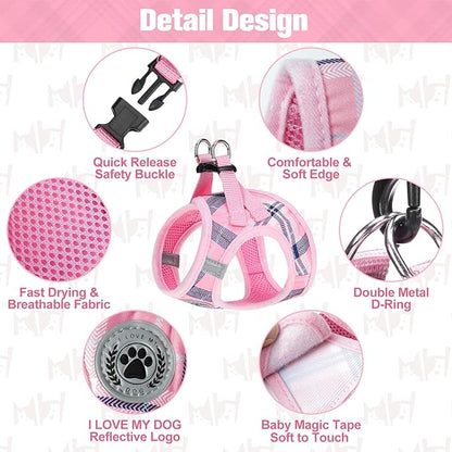 BEAUTYZOO Small Dog Harness and Leash Set,Step in No Choke No Pull Soft Mesh Dog Harnesses Reflective for Extra-Small/Small Medium Puppy Dogs and Cats, Plaid Dog Vest Harness for XS S Pets, Pink L
