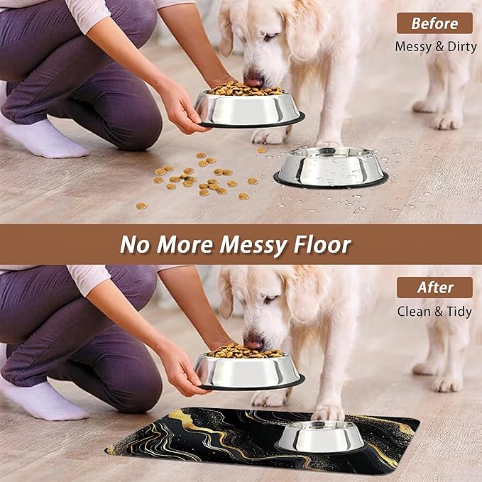 Marble Pet Feeding Mat,Black Gold Flowing Marble Absorbent Quick-Dry Cat Dog Food and Water Bowl Mats,Non-Slip Rubber Backing Mat,Cat Dog Accessories Supplies 16"x24"