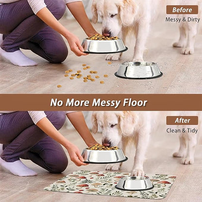 Red Mushroom Pet Feeding Mat,Fern Herb Berries Absorbent Quick-Dry Cat Dog Food and Water Bowl Mats,Non-Slip Rubber Backing Mat,Cat Dog Accessories Supplies 12"x20"