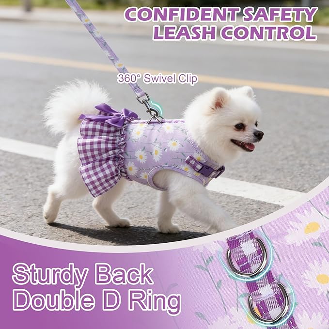 EXPAWLORER Dog Harness Small Medium Sized Dogs, Daisy Dog Dress Bowknot Harness and Leash Set, No Choke No Pull Soft Mesh Vest Cute Princess Puppy Outfits Clothes Costume for Girls Party Cats Purple S