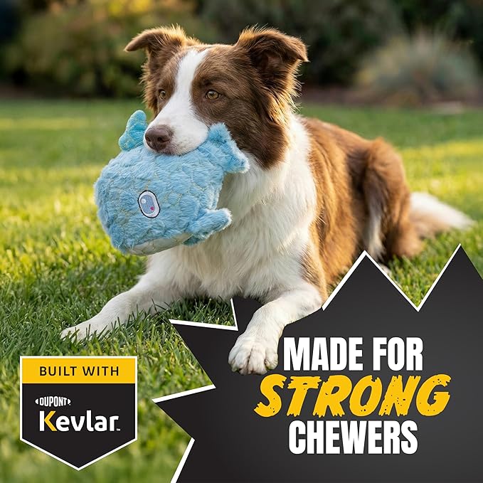 Bite Force - Durable & Strong Dog Toy Blue Whale with Squeaker, Kevlar-Reinforced Seams for Aggressive chewers- Blue.