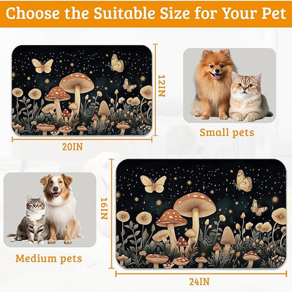Fantasy Mushroom Dog Cat Food Mat,Butterfly Stars Absorbent Waterproof Placemat for Food and Water Non Slip Rubber Backing Durable Feeding Pad for Clean Floors 12" x 20"