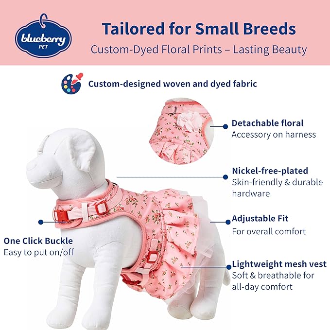 Blueberry Pet Soft & Comfy Floral No Pull Mesh Dog Harness, X-Small, Rose Baby Pink, Dress Harness for Dogs Girl, Small Dog Vest Harness, Fashionable for Puppy Owners