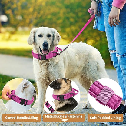 Tactical Military Dog Collar - Adjustable Heavy Duty Metal Buckle Nylon Collar with Control Handle for Small to Large Dogs (Pink, XL)