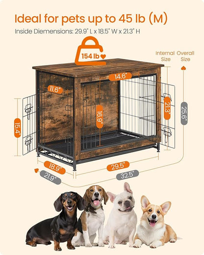 Feandrea 32.5" Dog Crate Furniture, Indoor Dog Cage Side End Table, L Pet Wood Kennel for Large and Medium Dogs up to 45 lb with Multi-Purpose Removable Tray, Double-Door Pet House, Rustic Brown