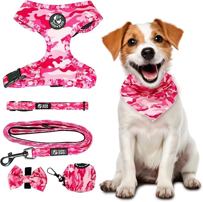 No Pull Harness and Leash Set - 6-in-1 Adjustable Vest Harness and Collars for Medium and Large Dogs. (Military Pink, Medium)