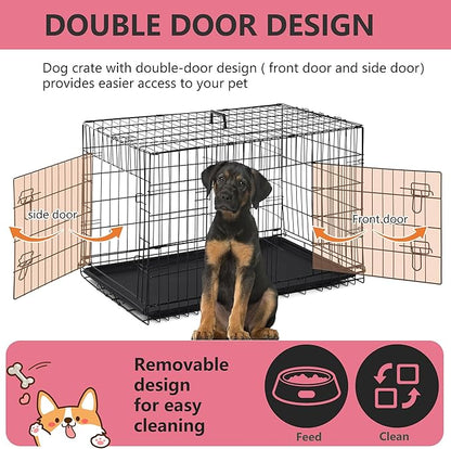 FDW 45 Inch Dog Crate for Large Dogs, Folding Metal Cage with Double Door & Leak-Proof Tray, Black