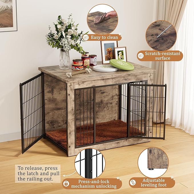 Greesum Modern Dog Crate Furniture That Doubles as a Side Table - Sturdy Wooden Kennel with Double Door Design, Equipped with Soft Cushion & Chew-Resistant Resign, Suitable for Dogs