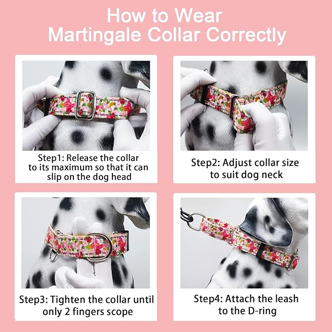 Reflective Martingale Collar for Dogs Nylon Training Collar with No Buckle Cute Floral No Pull Dog Collar for Small Dogs（Pink Flower，S）