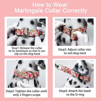 Reflective Martingale Collar for Dogs Nylon Training Collar with No Buckle Cute Floral No Pull Dog Collar for Small Dogs（Pink Flower，S）