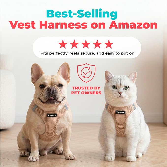 Best Pet Supplies Voyager Step-in Air Harness - All Weather Mesh, Reflective, No Pull Harness for Dogs, Cats - Secure with Hook & Loop Fastener, Buckle, Double D-Rings - Khaki, L