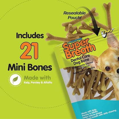 Fido - Super Breath Dental Care Bones for Dogs - 21 Count Mini Dog Dental Treats for Small Dogs (Made in USA) - Tasty Dog Dental Chews Help Reduce Plaque, Tartar Buildup, and Freshens Breath