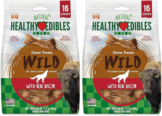 Nylabone Healthy Edibles Wild Natural Dog Chew Treats, Bison Flavor, Small Dogs Up to 20 lbs - Made in USA (16 Count) (Pack of 2)