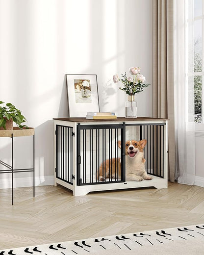 Hzuaneri 39.4" Heavy Duty Dog Crate Furniture with Barn Door, Wood Indoor Dog Crate Kennel for Small/Medium/Large Dogs, End Side Table, TV Stand, Anti-Chew Anti-Escape, White Brown DFC02314B