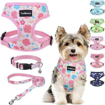 SCENEREAL Small Dog Harness Collar and Leash Set, Adjustable No Pull Pet Harnesses, No Chock Soft Mesh Vest for Doggie Puppy Medium Dogs Cats Girl or Boy,Chihuahua, Yorkie, Outdoor Walking