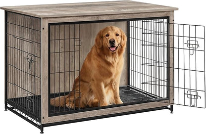 Feandrea 44.1" Dog Crate Furniture, Indoor Dog Cage Side End Table, XL Pet Wood Kennel for Large and Medium Dogs up to 80 lb with Multi-Purpose Removable Tray, Double-Door Pet House, Greige