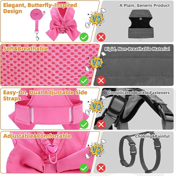 KOOLTAIL Small Dog Harness and Leash Set, Cute Puppy Vest Harnesses with Bowtie for Girl Outfit, Step in No Pull Soft Mesh Padded Adjustable Pet Harness for Extra-Samll Medium Dogs Cats, XS S, Pink M