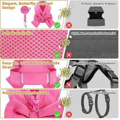 KOOLTAIL Small Dog Harness and Leash Set, Cute Puppy Vest Harnesses with Bowtie for Girl Outfit, Step in No Pull Soft Mesh Padded Adjustable Pet Harness for Extra-Samll Medium Dogs Cats XS-M, Pink S