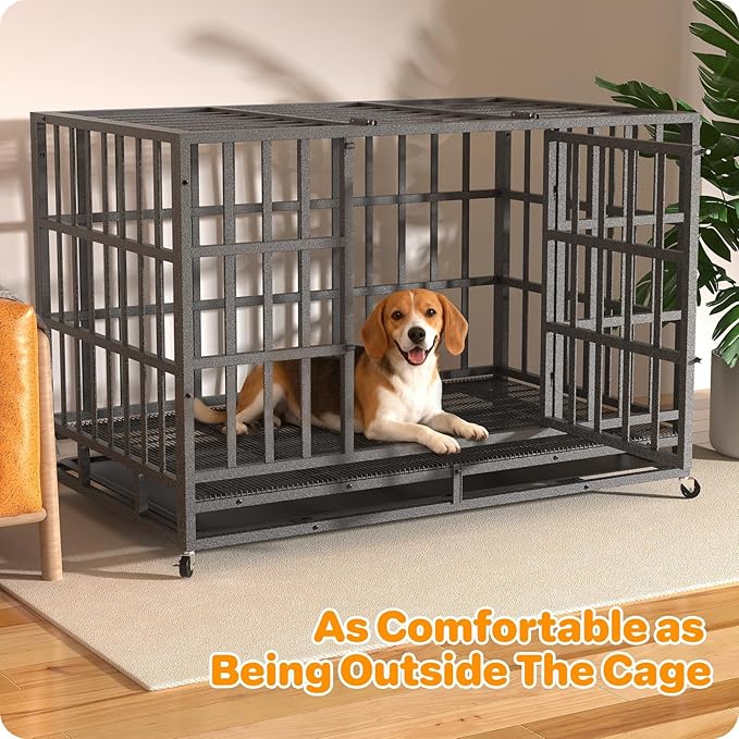 Hiwokk 42 Inch Heavy Duty Dog Crate, Indestructible Escape-Proof Dog Kennel for High Anxiety Large Dogs, Strong Metal Pet Cage with Double Doors, Lockable Wheels & Removable Tray, XL XXL XXXL