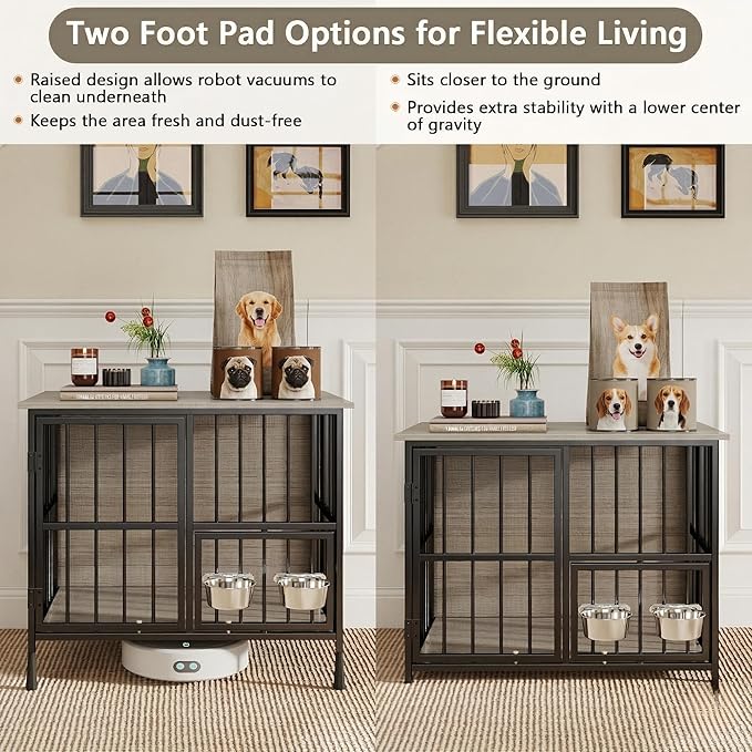 Hadulcet Foldable Dog Crate Furniture, No Assembly Indoor Dog Kennel with Storage Top, Wooden Dog Crate Table for Small to Medium Dogs (Up to 30 lbs), 27.55” Furniture Style Dog Cage with 2 Bowls Gray