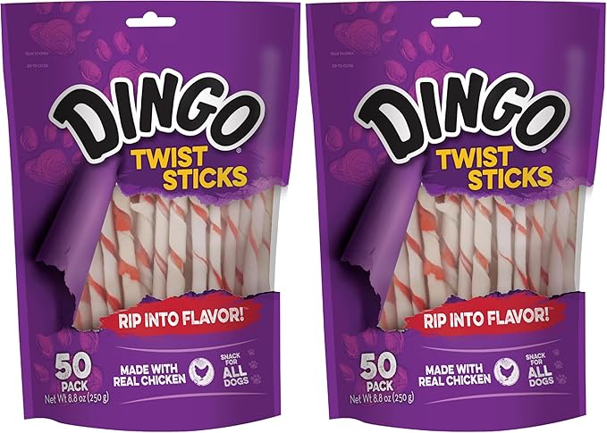 Dingo Twist Sticks, Premium Rawhide Treats for Dogs Made with Real Chicken, 50 Count (Pack of 2)