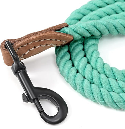 Mile High Life Dog Leash, Braided Cotton Rope Leashes with Leather Tailor Tip with Leather Tip - Heavy Duty Metal Clasp, 5FT, 1/2" Thick - Wedding, Walking Leash for Medium Large Dogs(Green)