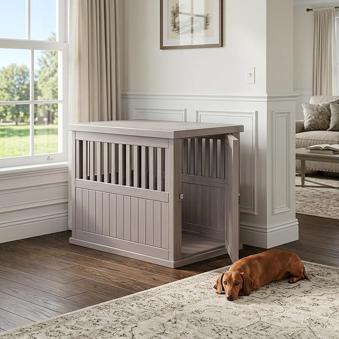 30 INCH Small Dog Crate Furniture, Lockable Indoor Dog Kennel Heavy Duty Decorative Plastic Pet Cage End Table for Small/Medium Dogs, Gray