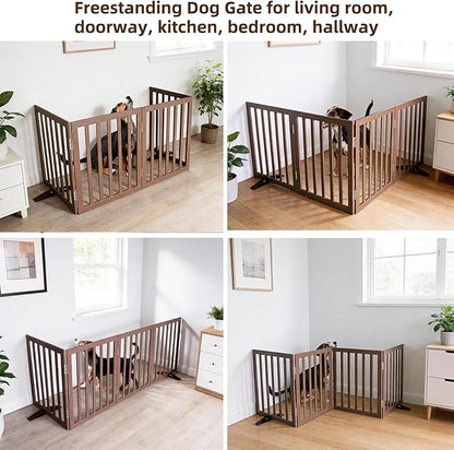 ZJSF Freestanding Indoor Dog Gate for House Foldable Wood Puppy Gate for Doorways Pet Gate for Stairs Extra Wide Pet Fence, Brown, 32" Height 4 Panels