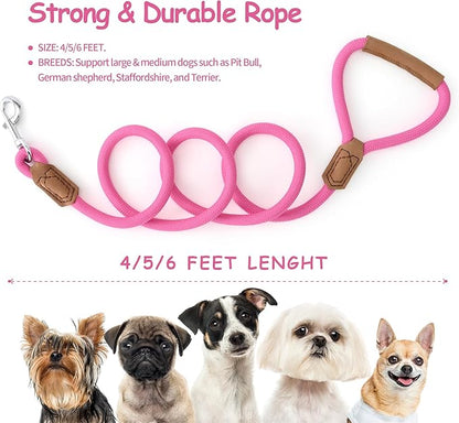 Mile High Life Leather Dog Leash, Heavy Duty Strong Genuine Leather Handle Rope Leash Soft and Comfortable for Small Medium Large Dogs (Hot Pink, 60 Inch)