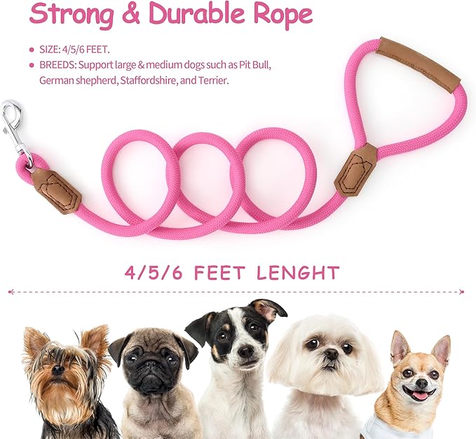 Mile High Life Leather Dog Leash, Heavy Duty Strong Genuine Leather Handle Rope Leash Soft and Comfortable for Small Medium Large Dogs (Hot Pink, 72 Inch)