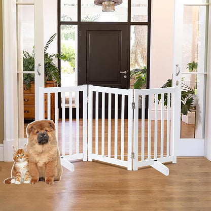 LZRS Freestanding Dog Gate 30 inch Tall - 3 Panels Solid Wooden Pet Gate for Doorways, Stairs & Hallways, Expandable & Foldable with Support Feet，Indoor Use,White