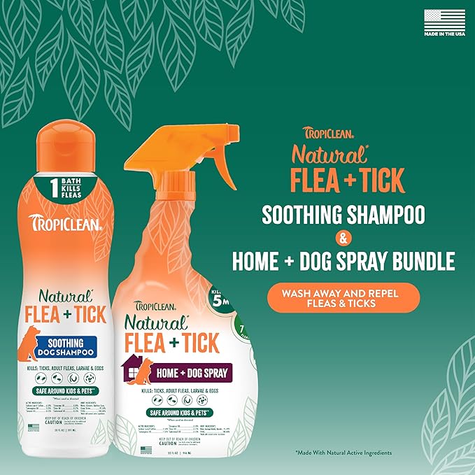 TropiClean Natural Flea & Tick Max Strength Shampoo & Bedding Spray Bundle, Dog Shampoo, Flea & Tick Treatment Protects & Repels - Made in USA