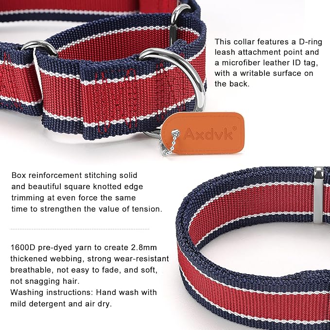 Martingale Collar 1.5 Inch Wide 1600D Extra Strong Anti Escape Nylon Dog Collar, No Pull Heavy Duty Pet Collars with 3-Color Stripe for Large to XLarge Dogs(XL, Gray Blue & Black)
