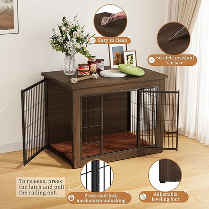 Greesum Modern Dog Crate Furniture That Doubles as a Side Table - Sturdy Wooden Kennel with Double Door Design, Equipped with Soft Cushion & Chew-Resistant Resign, Suitable for Dogs