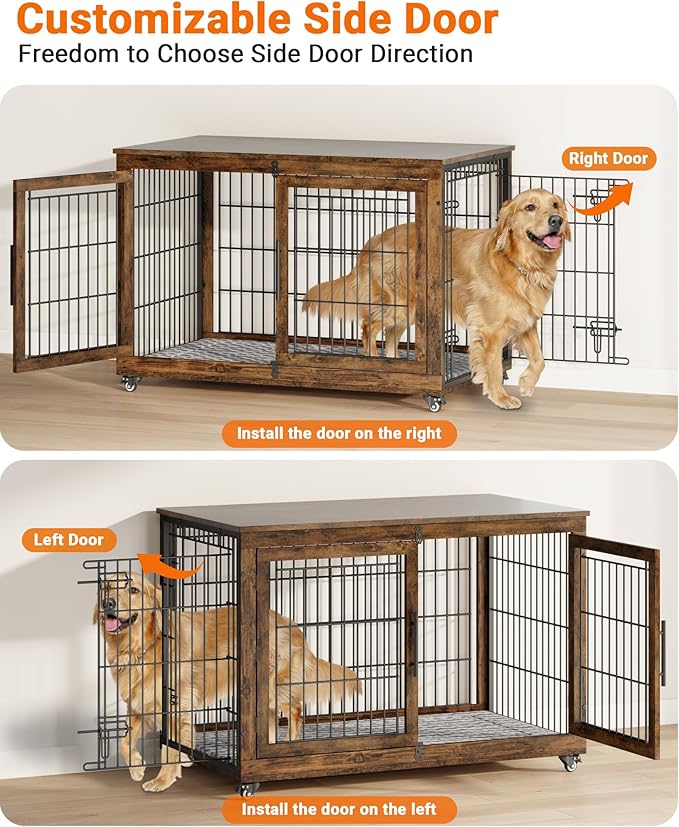 YaFiti Dog Crate Furniture with Cushion, Wooden Dog Kennel Indoor with Double Doors, Dog Cage with Wheels, Dog House Side End Table for Large Dogs up to 85 lb, 44" L, Rustic Brown