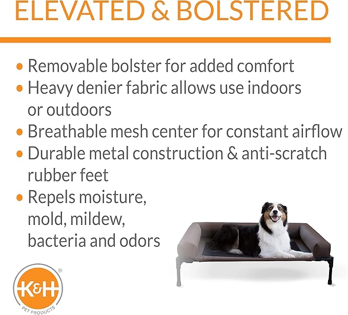 K&H Pet Products Bolster Dog Cot, Cooling Indoor Outdoor Elevated Cot Hammock Dog Bed with Removable Washable Bolsters, Washable Mesh Cover, Raised Metal Frame - Large 42 X 30in Chocolate