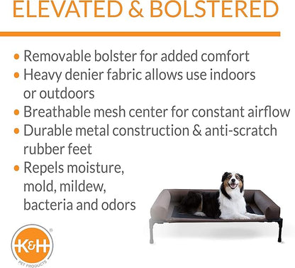 K&H Pet Products Bolster Dog Cot, Cooling Indoor Outdoor Elevated Cot Hammock Dog Bed with Removable Washable Bolsters, Washable Mesh Cover, Raised Metal Frame - Large 42 X 30in Chocolate