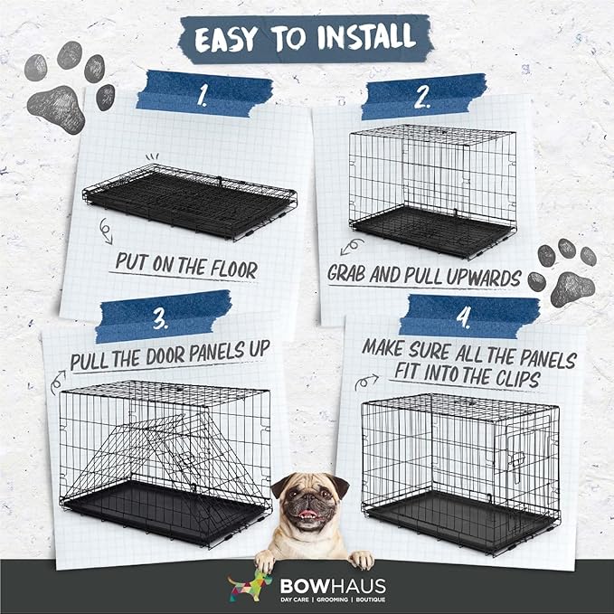 BOWHAUS Dog Crate, Metal Wire Kennel w/Divider Panel, Leak-Proof Pan, 48’’, Double Door, Large Dog Crate Indoor, Foldable & Portable