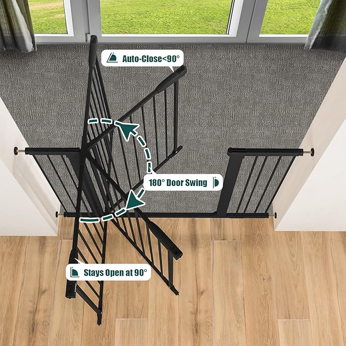 keny 29.7"-46" Baby Gate for Stairs, Auto Close Dog Gates for Doorways, Pressured Mounted No Drilling Pet Gate Extra Wide, One-Hand Opening Dual Lock Stair Gate, Indoor Kids Necessities, Black