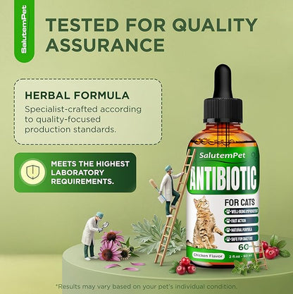 Cat Antibiotic in Drops – Natural Antibiotics for Cats with Chicken Flavor Help with UTI, Cough, Allergies – Safe for Pets and Breeds – 2-oz Bottle with a Pendant Included