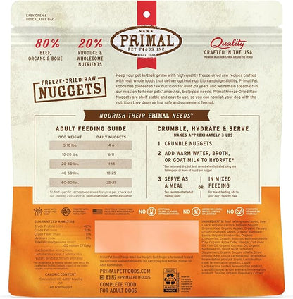 Primal Freeze Dried Raw Dog Food Nuggets, Beef, Complete & Balanced Meal, Also Use as Topper or Treat, Premium, Healthy, Grain Free, High Protein Raw Dog Food, 14 oz