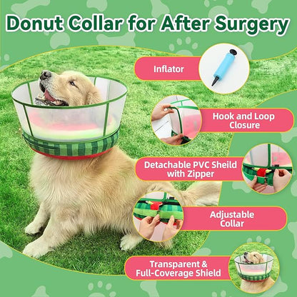 Upgraded Inflatable Dog Cone Collar with Transparent Anti-Licking Shield, Adjustable Elizabethan Collar for Medium Large Dogs, 2-in-1 Design with Detachable Shield and Soft Padding (M, Watermelon)