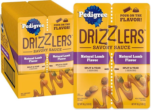 Pedigree Drizzlers for Dogs, Wet Dog Food Gravy Savory Sauce, Natural Lamb Flavor, 60g Dual-Serving Pouch (22 Count, 44 Servings Total)