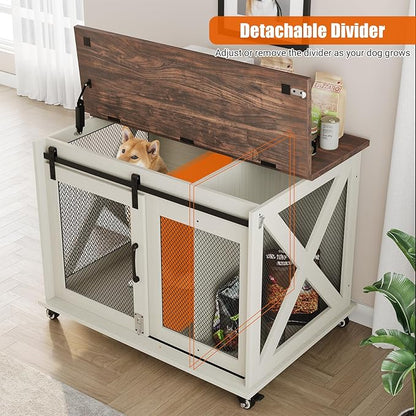 TROPOW Dog Crate Furniture,37 Inch Dog Kennel Furniture, Sliding Barn Door, Flip Top Dog Crate End Table with Removable Divider, Farmhouse Dog Cage for Small to Middle Size Dogs