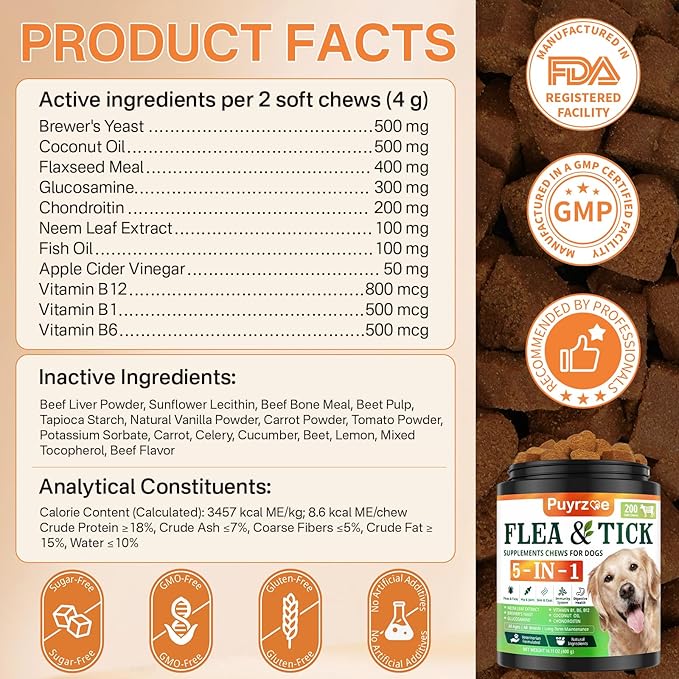 Puyrzoe 5-in-1 Dog Flea and Tick Treatment Chewable, Natural Flea and Tick Prevention for Dogs Chewable - Flea & Tick | Hip & Joint | Skin & Coat | Immunity Support | Digestive for All Breeds & Sizes
