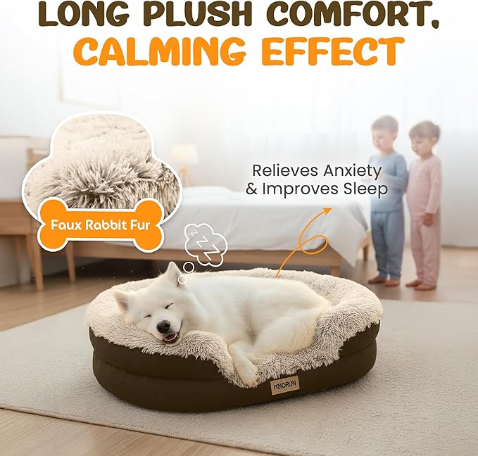 Fluffy Orthopedic Dog Bed for Extra Large Dogs, Calming Plush Sofa Bed with Curved Bolster Support and Egg-Crate Foam Base, 48" Cozy Oval Pet Donut Bed with Washable Cover, Coffee