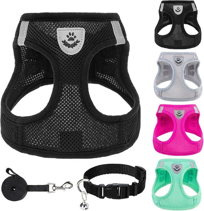 PUPTECK Adjustable Dog Harness Collar and Leash Set Step in No Pull Pet Harness for Small Medium Dogs Puppy and Cats Outdoor Walking Running, Soft Mesh Padded Reflective Vest Harnesses, Solid Black XL