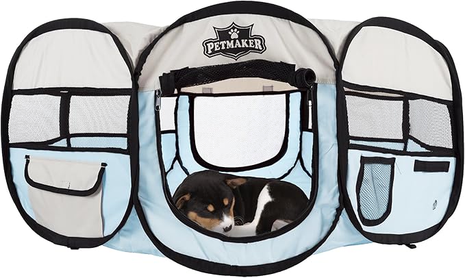 Pet Playpen - 33x15 Pop-Up Dog Kennel with Carry Bag - Portable Play Pen for Dogs, Cats, Rabbits, and Small Animals up to 25lbs by PETMAKER (Blue)