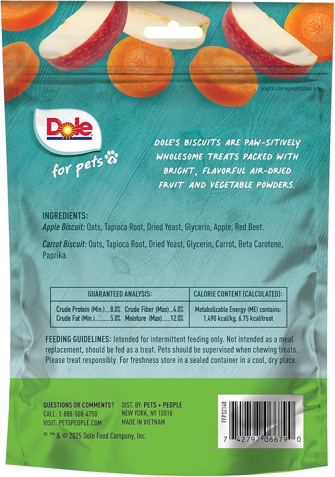 Dole for Pets Dog Biscuits Assorted Apple + Carrot Mix, Real Fruit and Vegetable Flavor Vegan Crunchy Treats, No Wheat Corn Soy or Artificial Additives, Bite Size Training Snacks for Dogs, 7 Oz